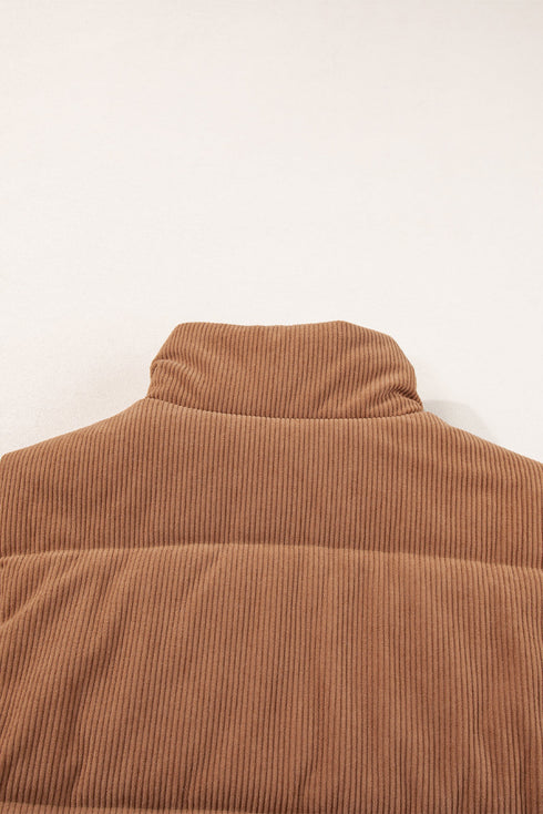 Textured Corduroy Stand Neck Zipped Puffer Vest