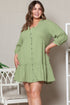 Textured Ruffled Button V Neck A Line Plus Size Dress
