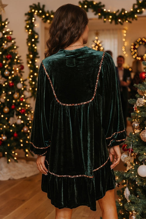 Leopard Trim Velvet Long Sleeve Shift Mini Dress