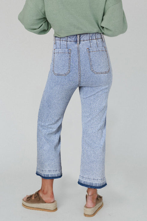 Acid Wash Contrast Edge Pocketed Wide Leg Cropped Jeans