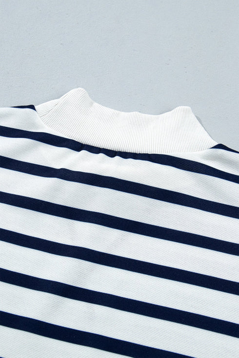 Striped Mock Neck Long Sleeve Ribbed Cuff Hem Sweatshirt