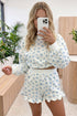 Floral Print Long Sleeve Top Elastic Waist Ruffle Hem Two Piece Short Set