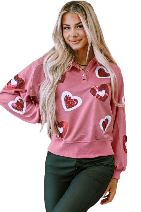Sequin Heart Applique Snap Button Collared Pullover Sweatshirt
