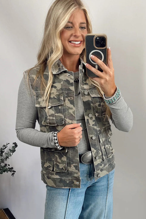 Western Camo Print Cargo Denim Utility Vest