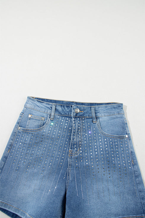 Casual Rhinestone Embellished Patchwork Denim Shorts