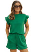 Textured Ruffle Sleeve Split Top Drawstring Short Set