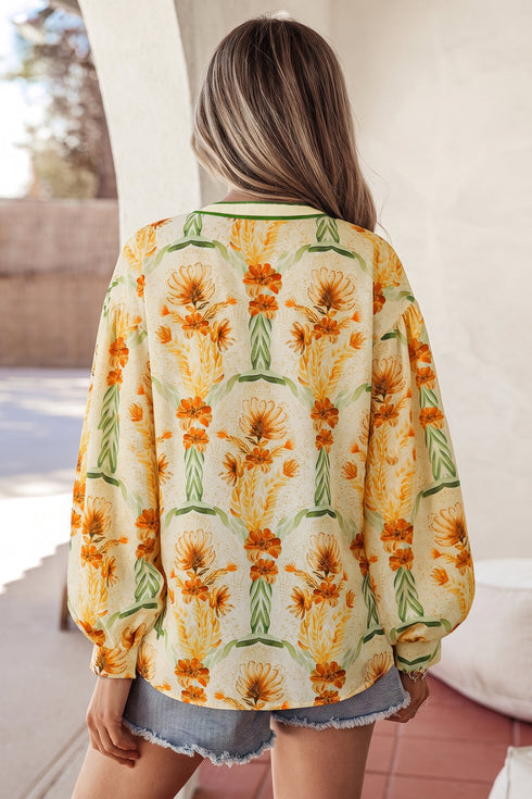 Floral Print V Neck Long Sleeve Blouse