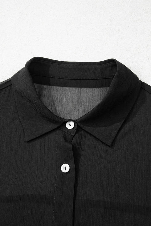 Sheer Long Sleeve Button Down Collar Beach Shirt