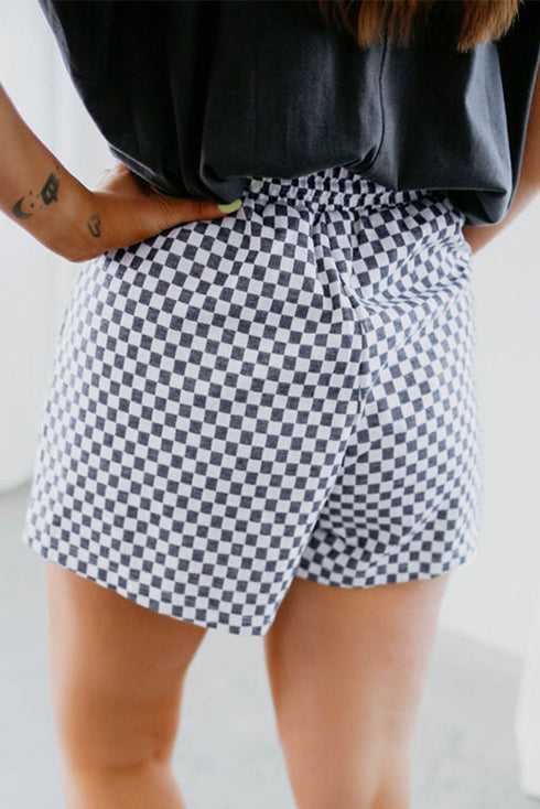 Checkerboard Pattern Lace Up High Waist Shorts