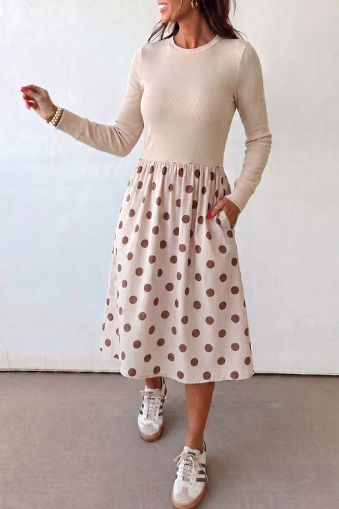 Polka Dot Pattern Long Sleeve Midi Dress