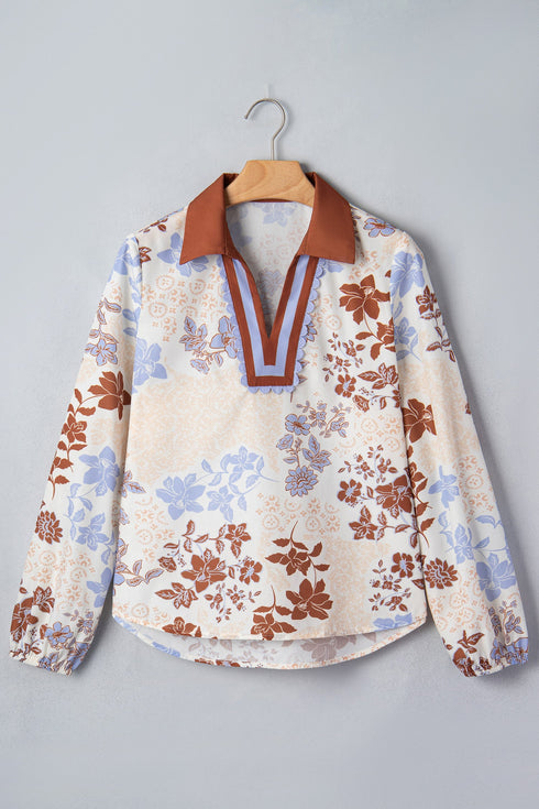 All Over Floral Print V Neck Long Sleeve Blouse
