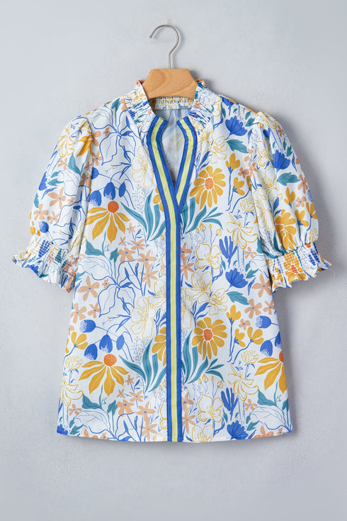 Floral Print Striped Trim V Neck Puff Sleeve Blouse