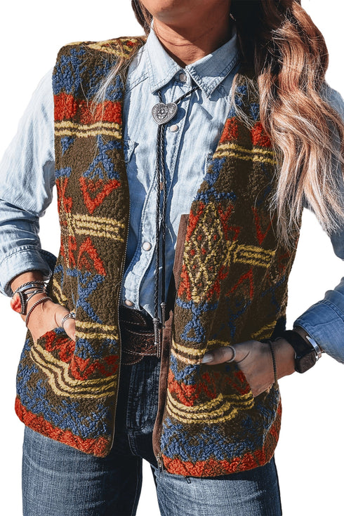 Western Print Faux Fur Metal Zipper Insert Pockets Sleeveless Vest