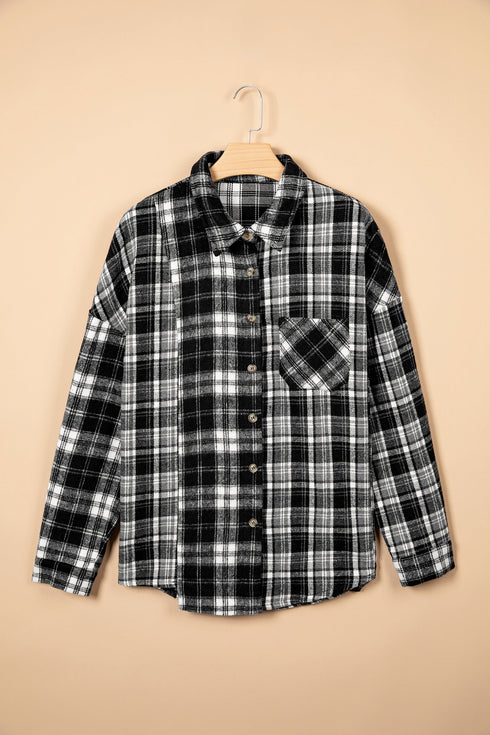 Plaid Long Sleeve V Neck Shift Shirt Jacket