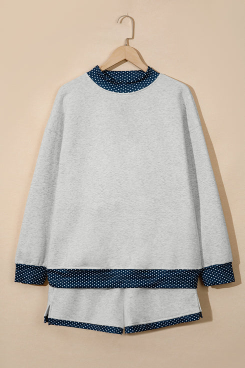 Polka Dot Patchwork Mock Neck Pullover Short Set
