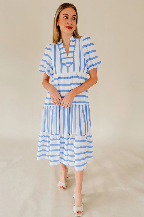 Southern Belle Striped Ricrac Trim Puff Sleeve Midi Dress