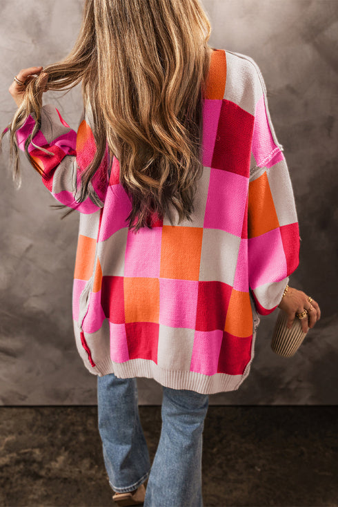 Checkered Drop Shoulder Exposed Seam Open Front Cardigan