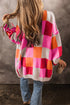 Checkered Drop Shoulder Exposed Seam Open Front Cardigan