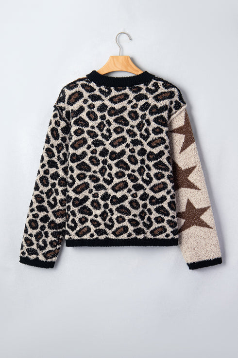Leopard Star Pattern Round Neck Long Sleeve Sweater