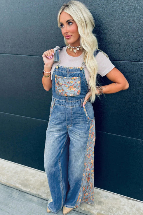 Southern Belle Floral Patchwork Wide Leg Denim Jumpsuit
