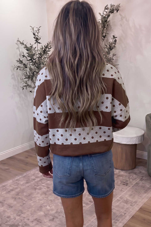 Stripe Patchwork Polka Dot Quarter Zip Long Sleeve Top