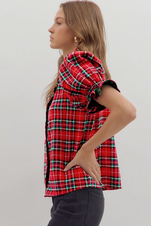 Plaid V Neck Ruffle Trim Short Sleeve Blouse