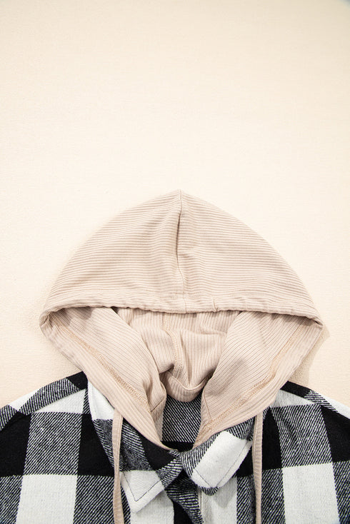 Patchwork Mixed Plaid Drawstring Hooded Shacket