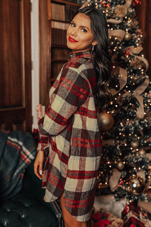 Brushed Plaid Button Front Side Slit Tunic Shacket