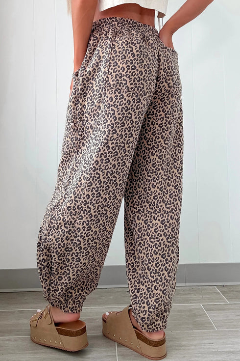 Allover Leopard Print Elastic Waist Ankle Length Pants