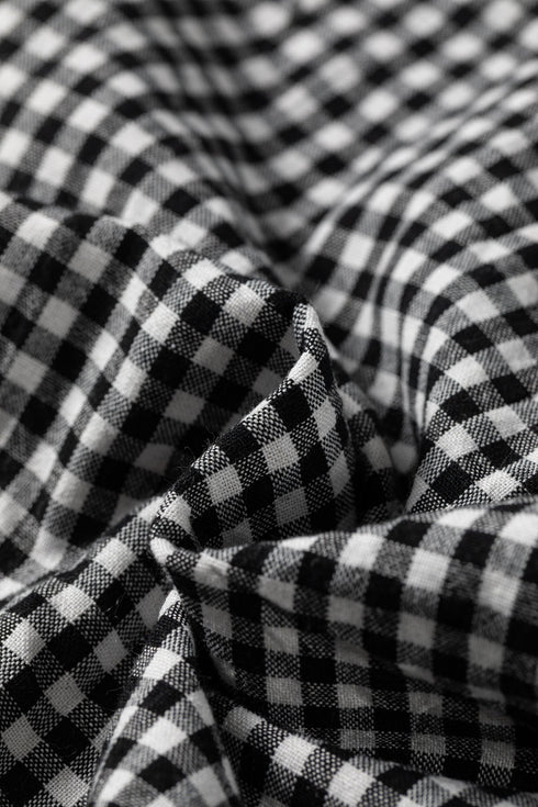 Plaid Shirred Cuff Round Neck Cotton Long Sleeve Blouse