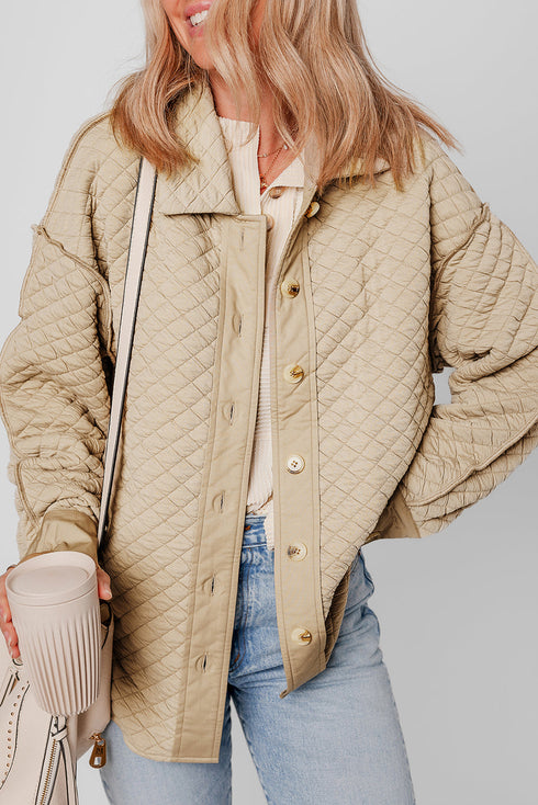 Casual Textured Quilted Puffer Button Front Shacket Jacket