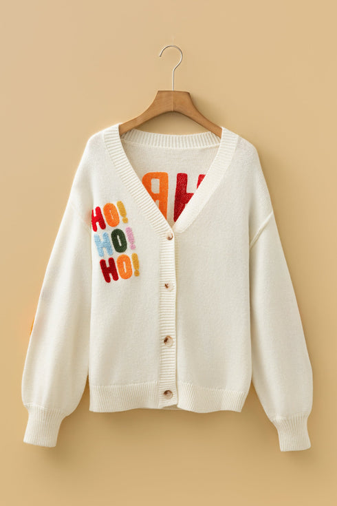 Slogan V Neck Button Front Embroidered Knit Cardigan