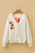 Slogan V Neck Button Front Embroidered Knit Cardigan