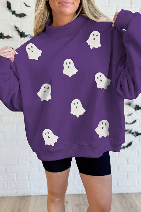 Sequined Ghost Print Mock Neck Spooky Graphic Sweatshirt