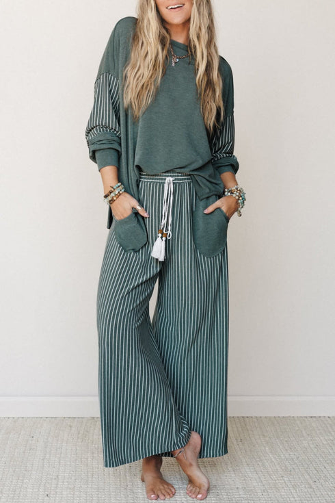 Raw Seam Patchwork Long Sleeve Top Pocket Two Piece Pant Set