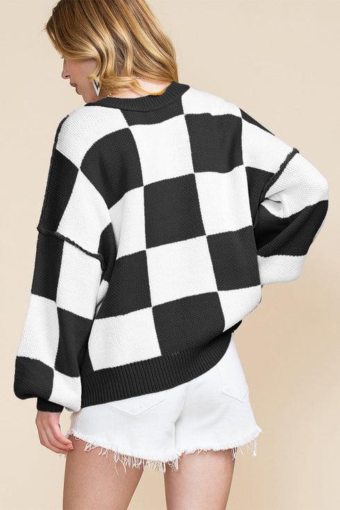 Acrylic Seamed Checkered Pattern Bishop Sleeve Sweater