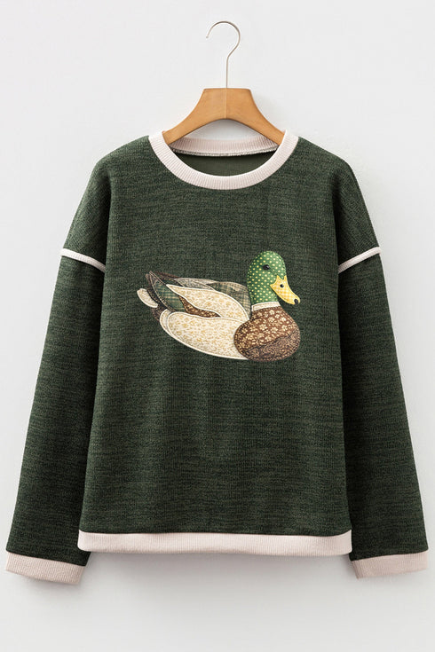 Four Leaf Clover Mallard Duck Graphic Trim Patchwork Knit Tee