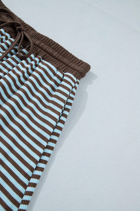 Striped Oversized Long Sleeve Top Drawstring Loose Shorts Two Piece Short Set