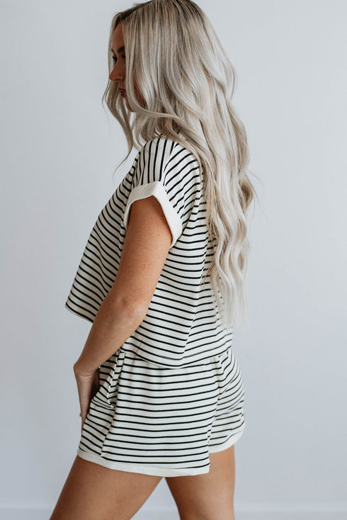 Ribbed Stripe Casual Tee And Matching Shorts Set