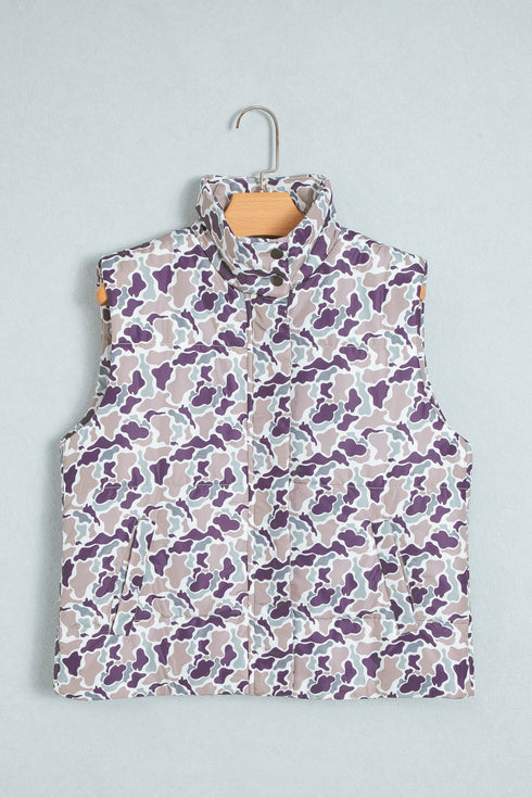 Camouflage Puffer Stand Neck Zip Up Sleeveless Vest