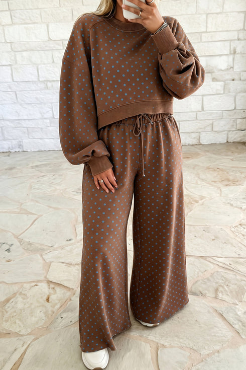Polka Dot Round Neck Long Sleeve Lounge Set