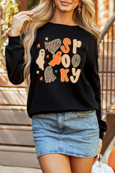 Leopard Print Spooky Ghost Graphic Pullover Sweatshirt