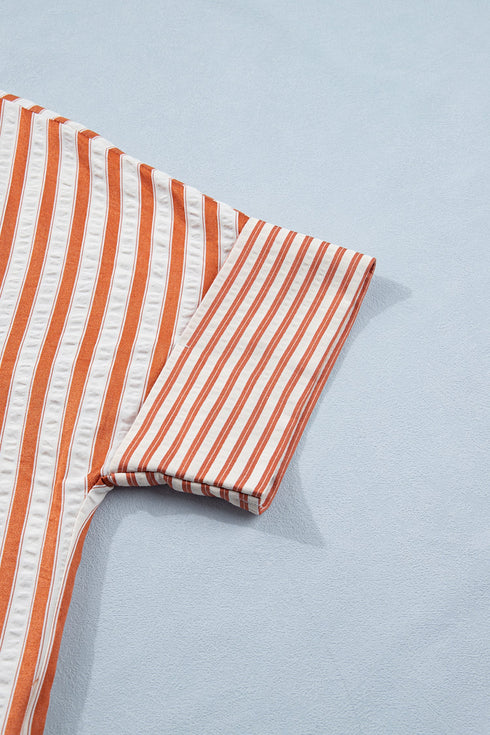 Striped Pinched V Neck Cuffed Shift Mini Dress