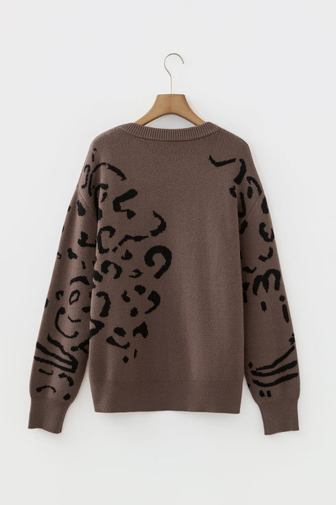 Abstract Animal Pattern Crew Neck Knit Sweater