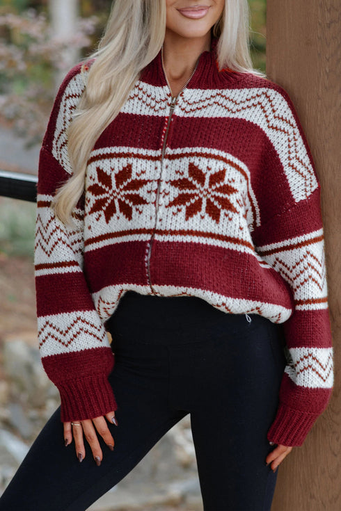 Geometric Pattern Zip Up Long Sleeve Cardigan