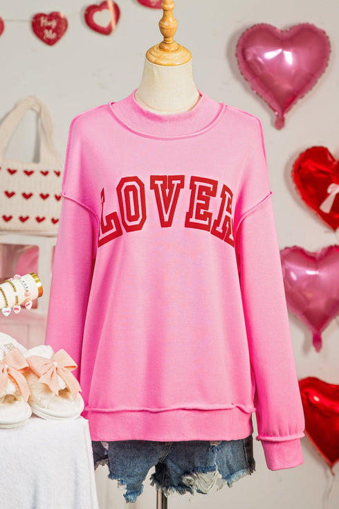 Lover Graphic Mock Neck Exposed Seam Pullover Sweatshirt