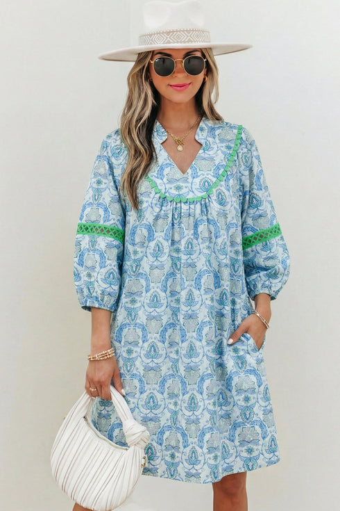 Bohemian Paisley Print Rick Rack Patchwork Loose Mini Dress