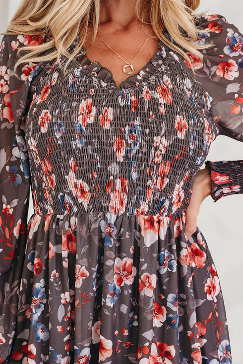 Frilly Smocked Bodice Mesh Long Sleeve Mini Floral Dress