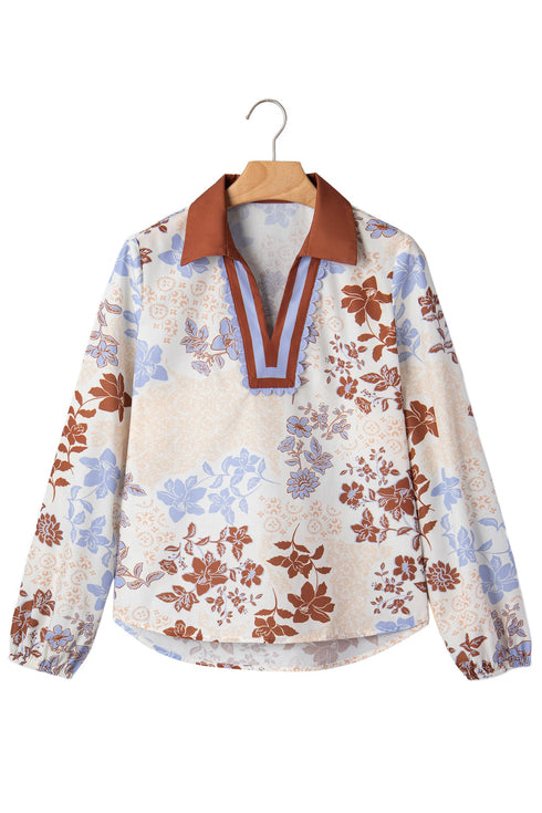 All Over Floral Print V Neck Long Sleeve Blouse