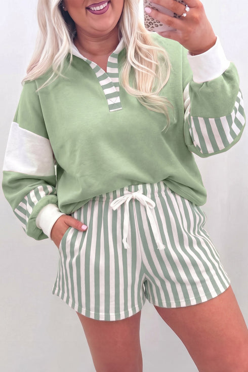 Striped Patchwork V Neck Two Piece Lounge Set